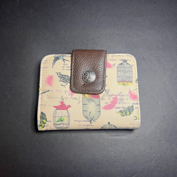 Women's Beautiful Beige & Brown Relic Birds & Bird Cage Print Bifold Wallet - Picture 1 of 7